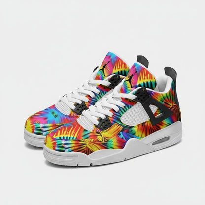 Freaky Shoes® rainbow tie dye high-top canvas sneakers with white laces and rubber soles.
