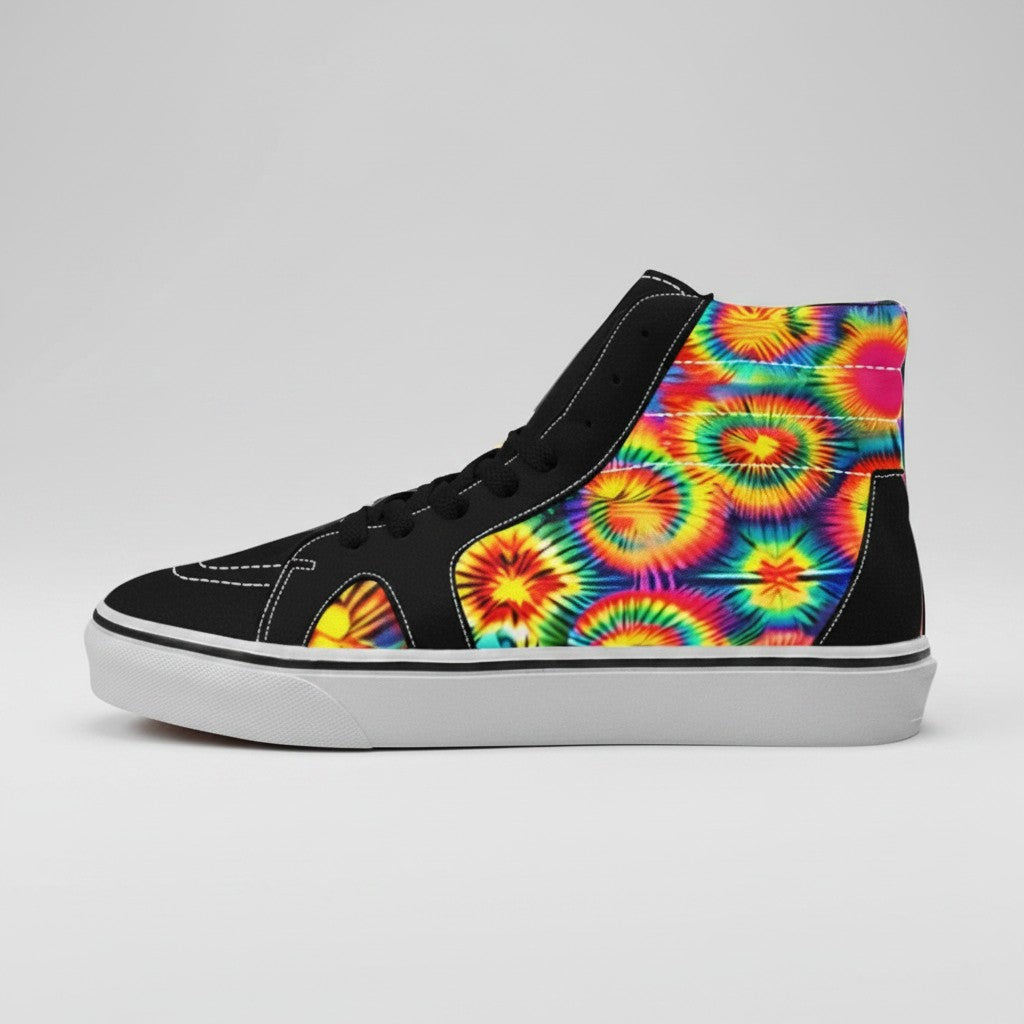 Freaky Shoes® men's high-top canvas skateboarding sneakers featuring a vibrant rainbow tie-dye pattern and black trim.