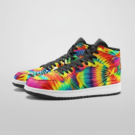 Freaky Shoes® rainbow tie dye high-top canvas sneakers with black laces and a white rubber sole.