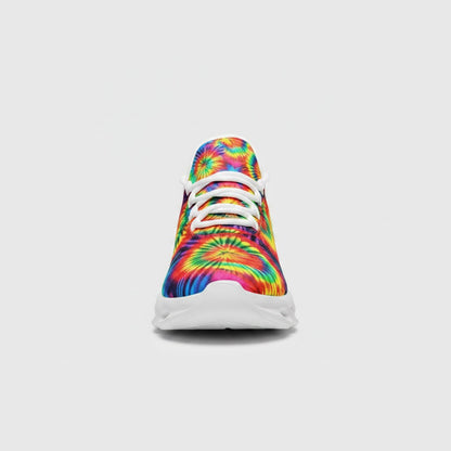 Freaky Shoes® rainbow tie dye high-top canvas sneakers with white laces and a thick white EVA sole, front view.