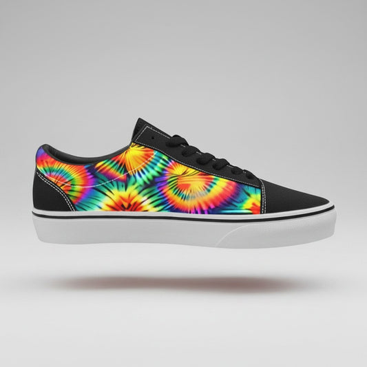 Freaky Shoes® men's low-top canvas skateboarding shoes featuring a vibrant rainbow tie-dye print and black accents.