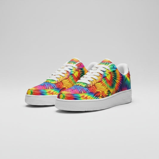 Freaky Shoes® rainbow tie dye canvas sneakers with white rubber soles and laces in a vibrant multi-color pattern.