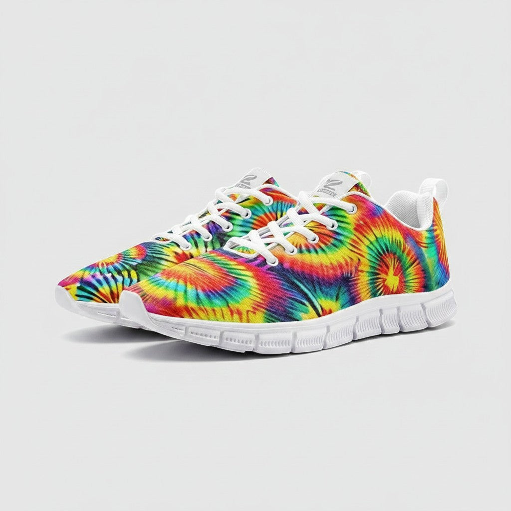 Freaky Shoes® rainbow tie dye canvas sneakers with white lace-up closure and durable EVA sole