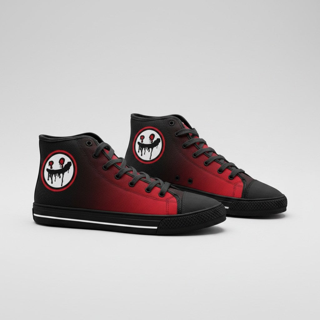 Freaky Shoes® red and black high-top canvas sneakers with a custom dripping smiley face logo on the side.