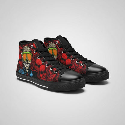 Freaky Shoes® women's high-top canvas sneakers featuring a bold red skull print and black lace-up design.