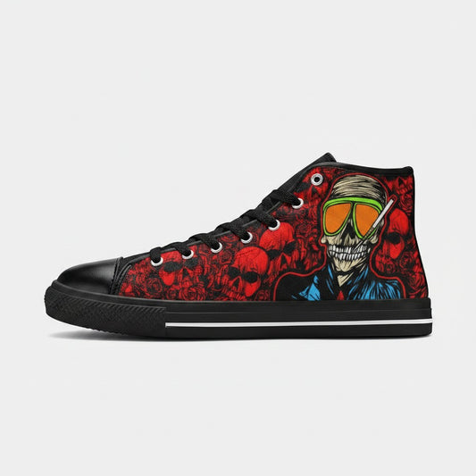 Freaky Shoes® men's high-top canvas sneakers featuring a red skull and rose pattern with a vibrant character graphic.