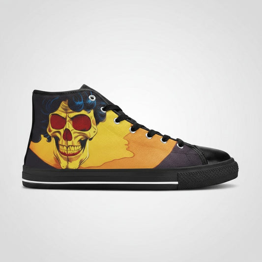 Freaky Shoes® high-top canvas sneakers featuring a retro skull art graphic with yellow and red accents
