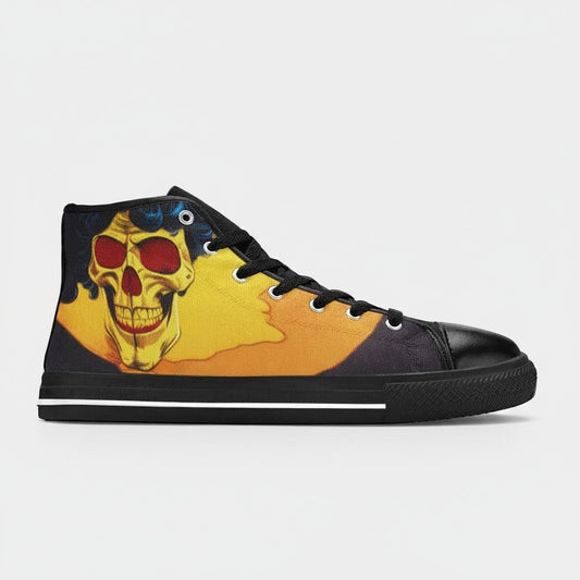 Freaky Shoes® women's high-top canvas sneakers featuring a vibrant retro skull art print and black trim.