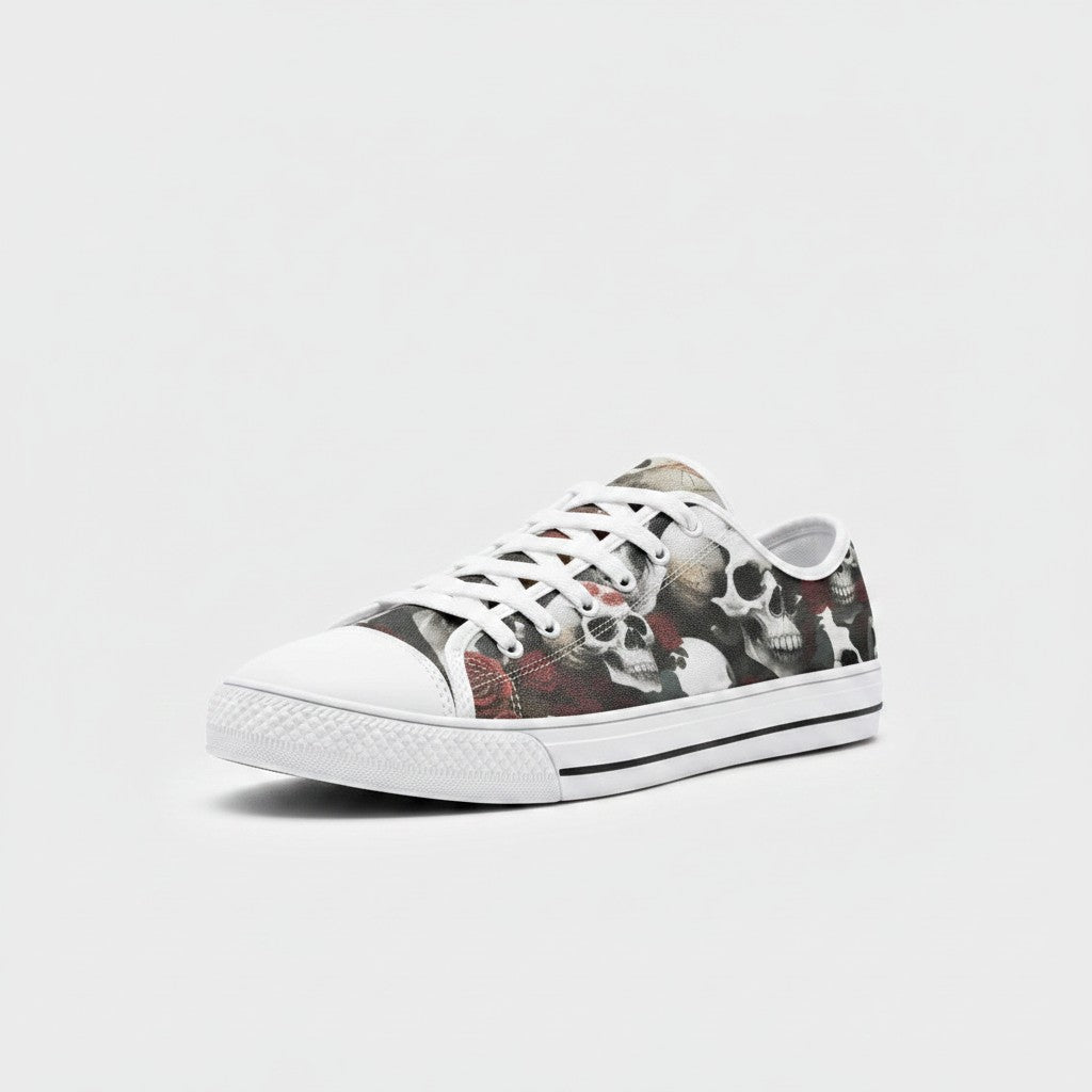 Freaky Shoes® custom canvas low-top sneakers featuring a dark rose and skull print on a white background.