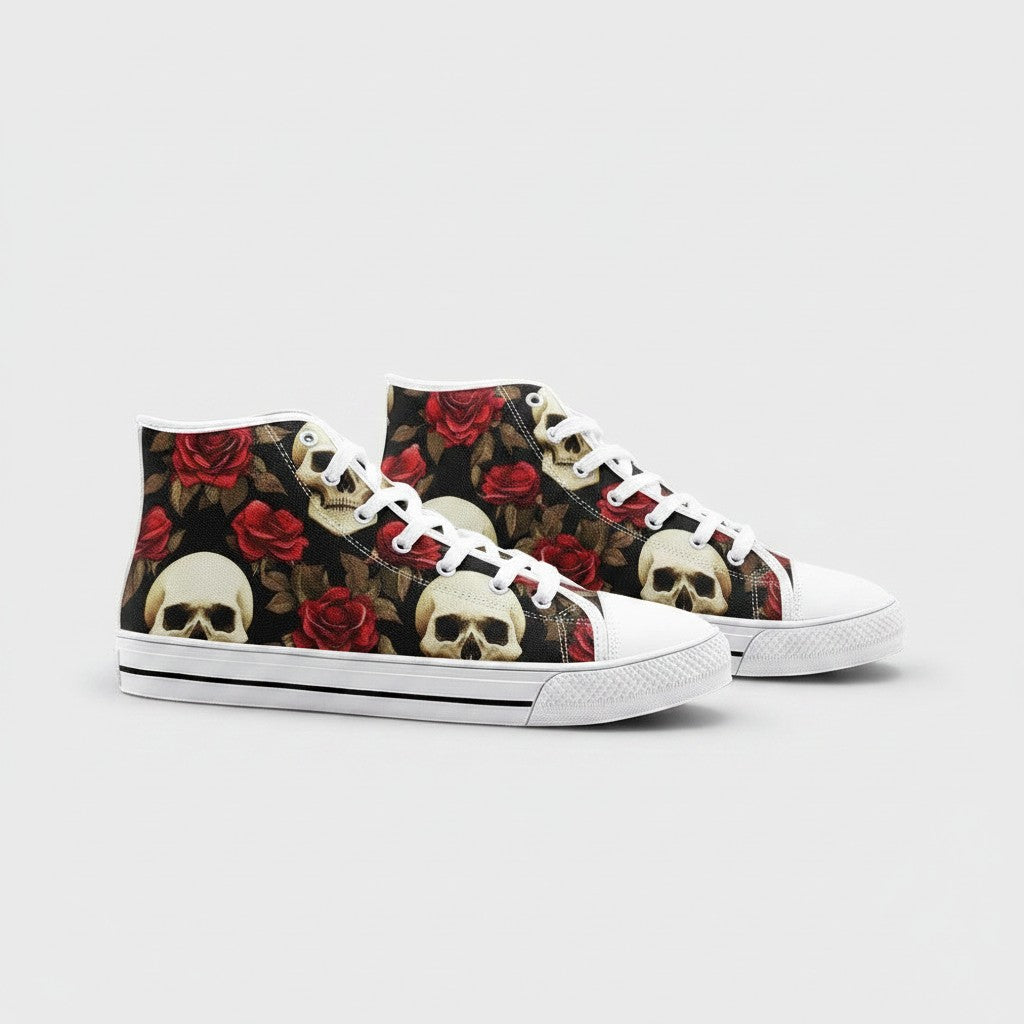 Freaky Shoes® high-top canvas sneakers featuring a vivid rose and skull print on a black background with white laces.