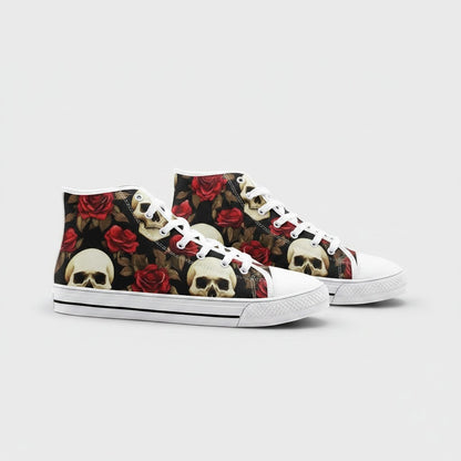 Freaky Shoes® high-top canvas sneakers featuring a vivid rose and skull print on a black background with white laces.