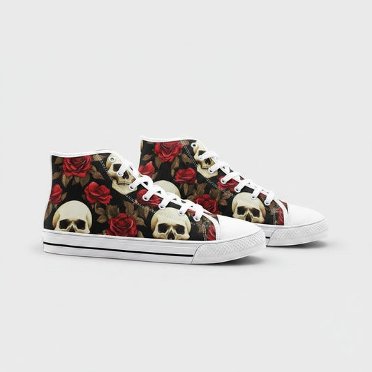 Freaky Shoes® high-top canvas sneakers featuring a vivid rose and skull print on a black background with white laces.