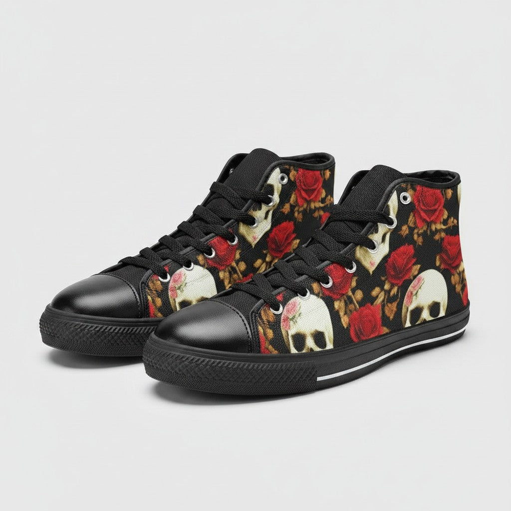 Freaky Shoes® women's high-top canvas sneakers featuring a black background with red rose and skull floral print.
