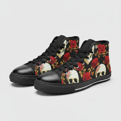 Freaky Shoes® women's high-top canvas sneakers featuring a black background with red rose and skull floral print.