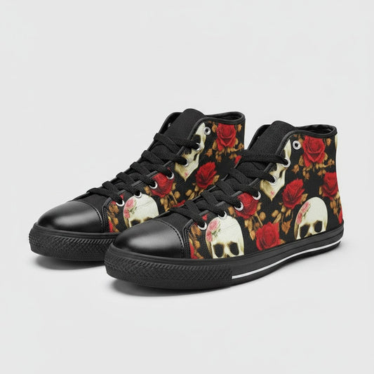 Freaky Shoes® women's high-top canvas sneakers featuring a black background with red rose and skull floral print.