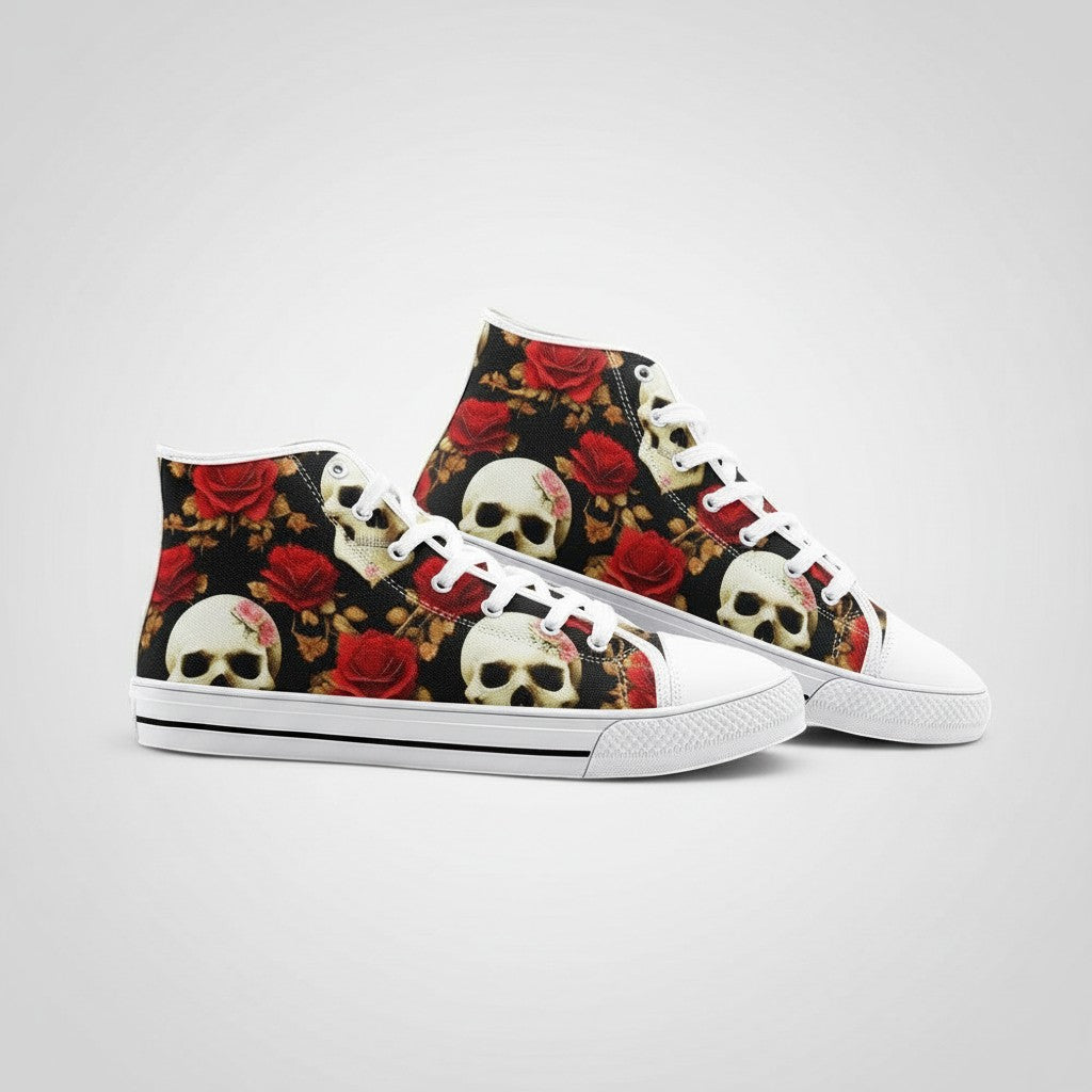 Freaky Shoes® high-top canvas sneakers featuring a black background with red roses and white skull print patterns.