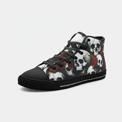 Freaky Shoes® high-top canvas sneakers featuring a dark rose and skull print with black laces and a rubber toe cap.