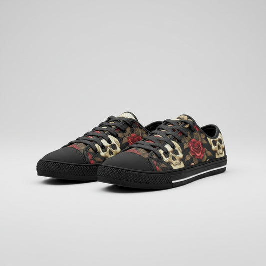 Freaky Shoes® high-top canvas sneakers featuring a dark floral pattern with skulls and red roses on a black base.