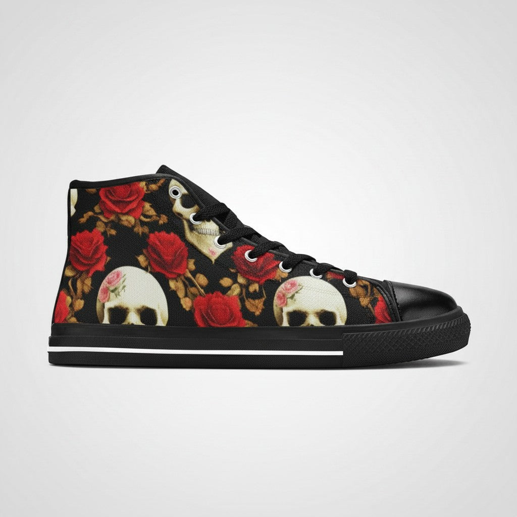 Freaky Shoes® women's high-top canvas sneakers featuring a black background with red roses and skull print.