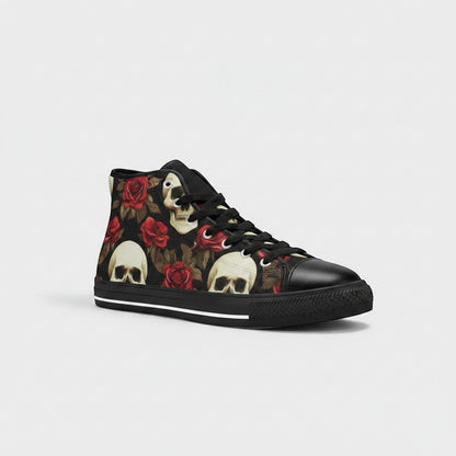 Freaky Shoes® men's high-top canvas sneakers featuring a black background with red roses and white skull patterns.