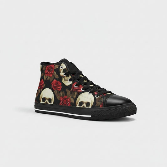 Freaky Shoes® men's high-top canvas sneakers featuring a black background with red roses and white skull patterns.