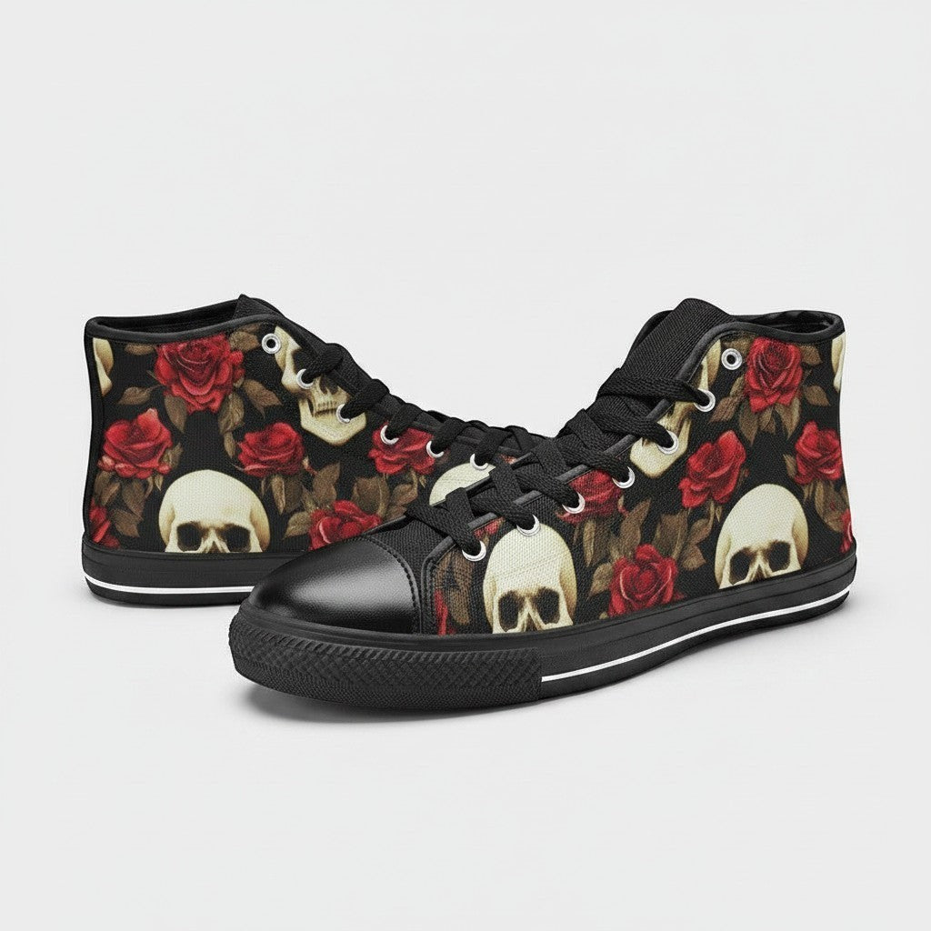 Freaky Shoes® men's high-top canvas sneakers featuring a black background with a red rose and skull floral pattern.