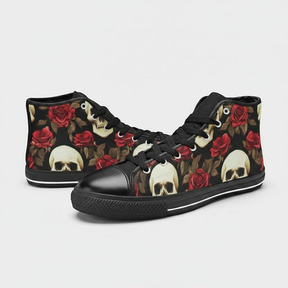 Freaky Shoes® men's high-top canvas sneakers featuring a black background with a red rose and skull floral pattern.