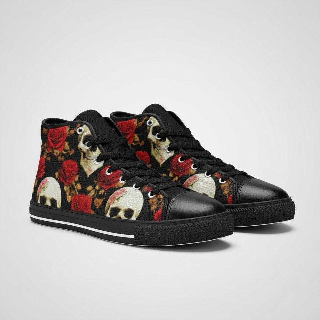 Freaky Shoes® women's high-top canvas sneakers featuring a black background with red roses and skull print design.