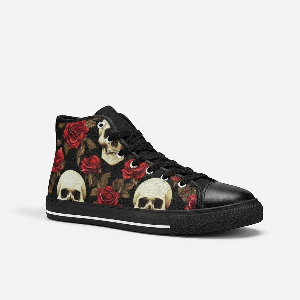 Freaky Shoes® men's high-top canvas sneakers featuring a black background with red roses and skull print design.