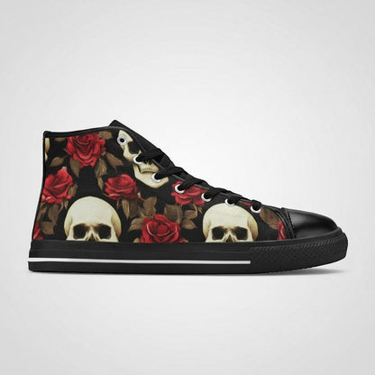 Freaky Shoes® men's high-top canvas sneakers featuring a black background with red roses and white skull print.