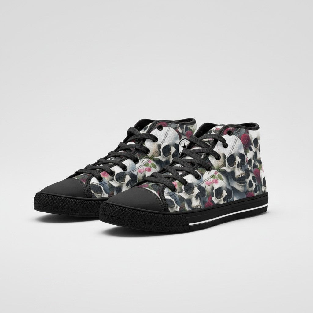 Freaky Shoes® Rose Skulls Dark high-top canvas sneakers with black laces and a gothic skull and rose print pattern.