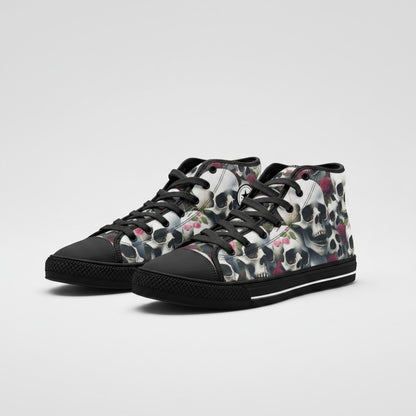 Freaky Shoes® Rose Skulls Dark high-top canvas sneakers with black laces and a gothic skull and rose print pattern.