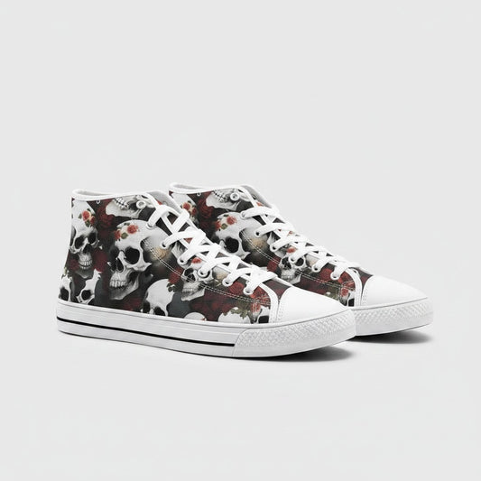 Freaky Shoes® high-top canvas sneakers featuring a dark rose and skull print with white laces and rubber toe caps.