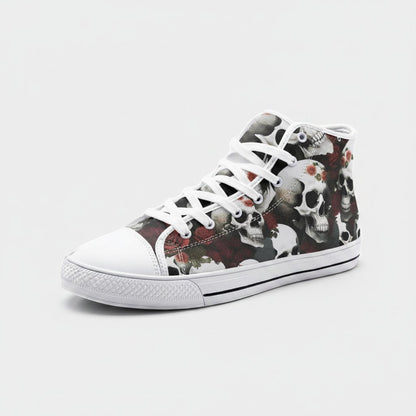 Freaky Shoes® high-top canvas sneakers featuring a dark rose and skull print with white laces and a rounded toe.
