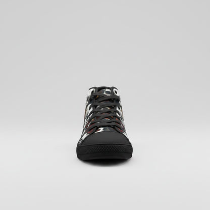 Freaky Shoes® Rose Skulls Dark high-top canvas sneakers with a black lace-up front and vivid skull and rose print.