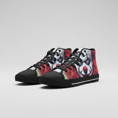 Freaky Shoes® scary clown high-top canvas sneakers with red and white graphic print and black lace-up closure.