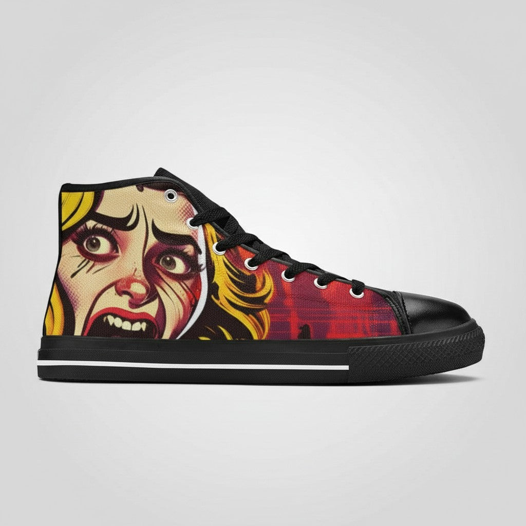 Freaky Shoes® women's high-top canvas sneakers featuring a vibrant comic-style scream graphic print
