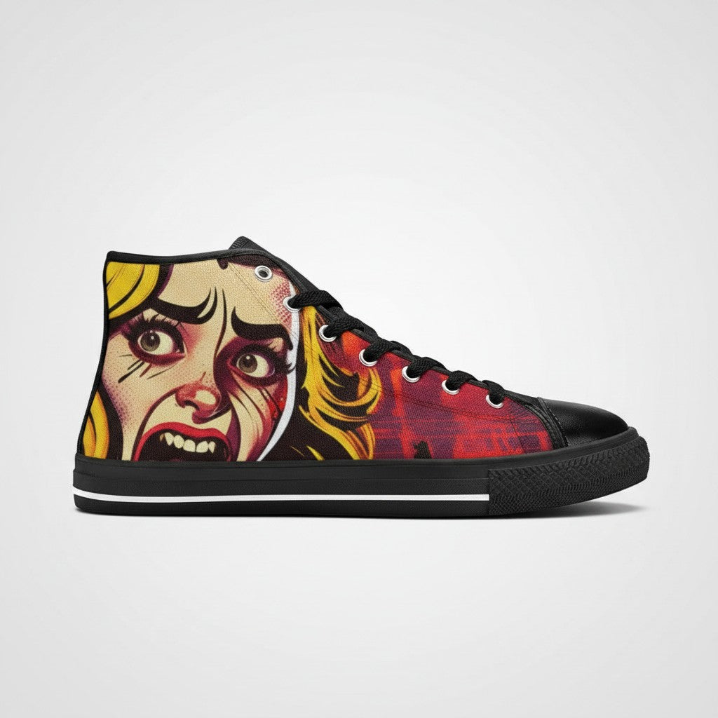 Freaky Shoes® high-top canvas sneakers featuring a bold, colorful pop art scream graphic on a black background.