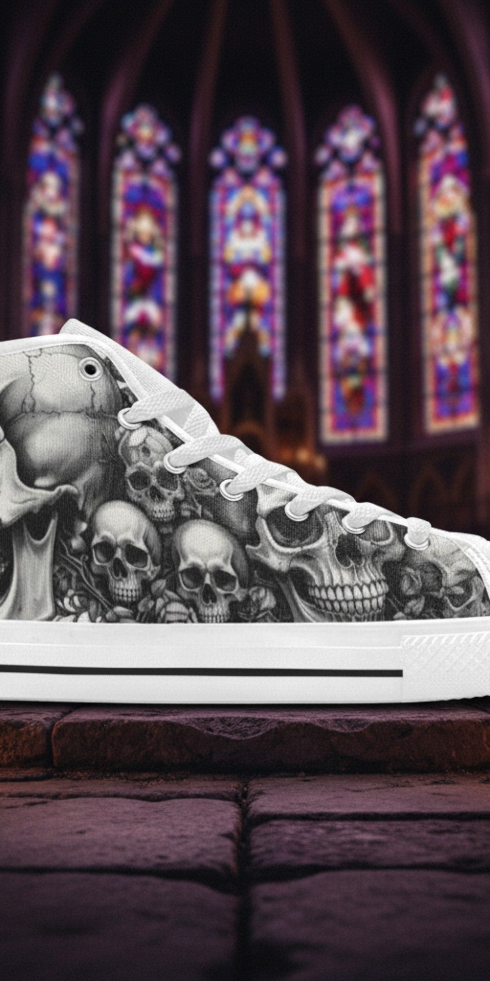 Women's Dark Skull Gothic Art custom high-top canvas shoes — wearable art by Freaky Shoes