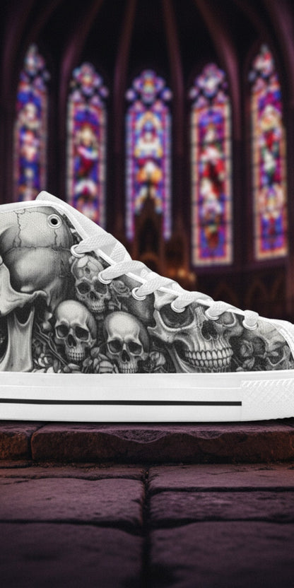 Women's Dark Skull Gothic Art custom high-top canvas shoes — wearable art by Freaky Shoes