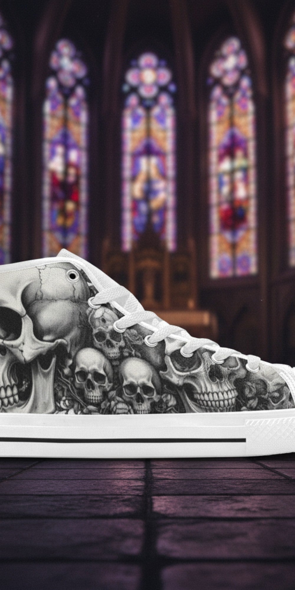 Women's Dark Skull Gothic Art high-top canvas shoes, custom full-wrap printed design — Freaky Shoes