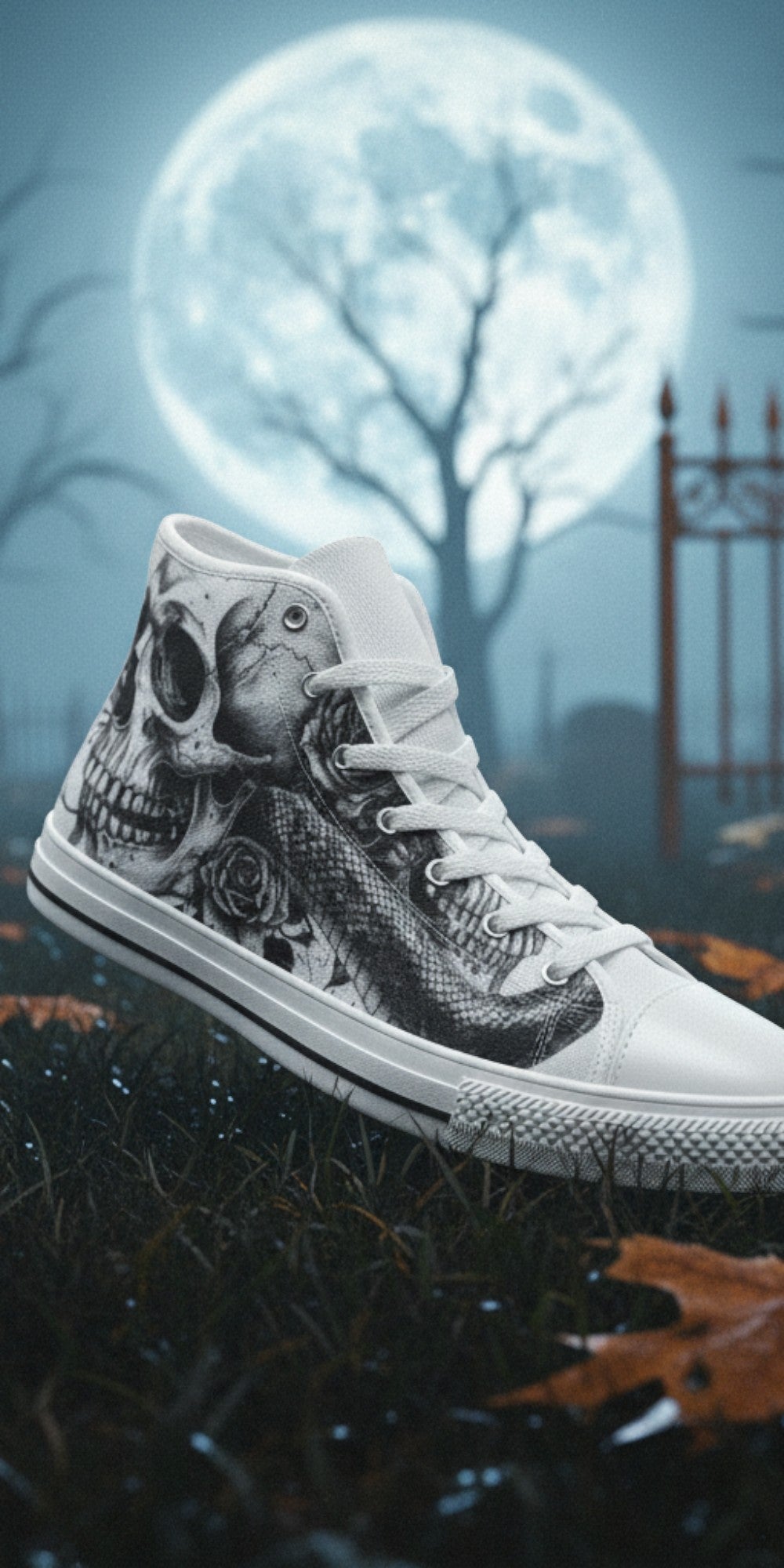 Women's Skull Gothic Dark Art high-top canvas shoes — one-of-a-kind custom printed art, Freaky Shoes
