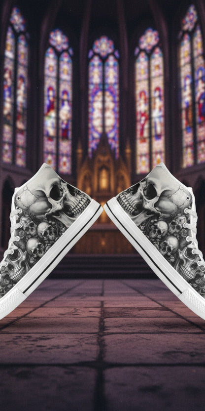 Women's Dark Skull Gothic Art custom high-top canvas shoes — wearable art by Freaky Shoes