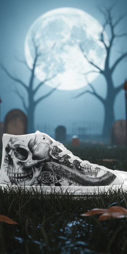 Women's Skull Gothic Dark Art hand-made high-top canvas shoes — unique wearable art by Freaky Shoes