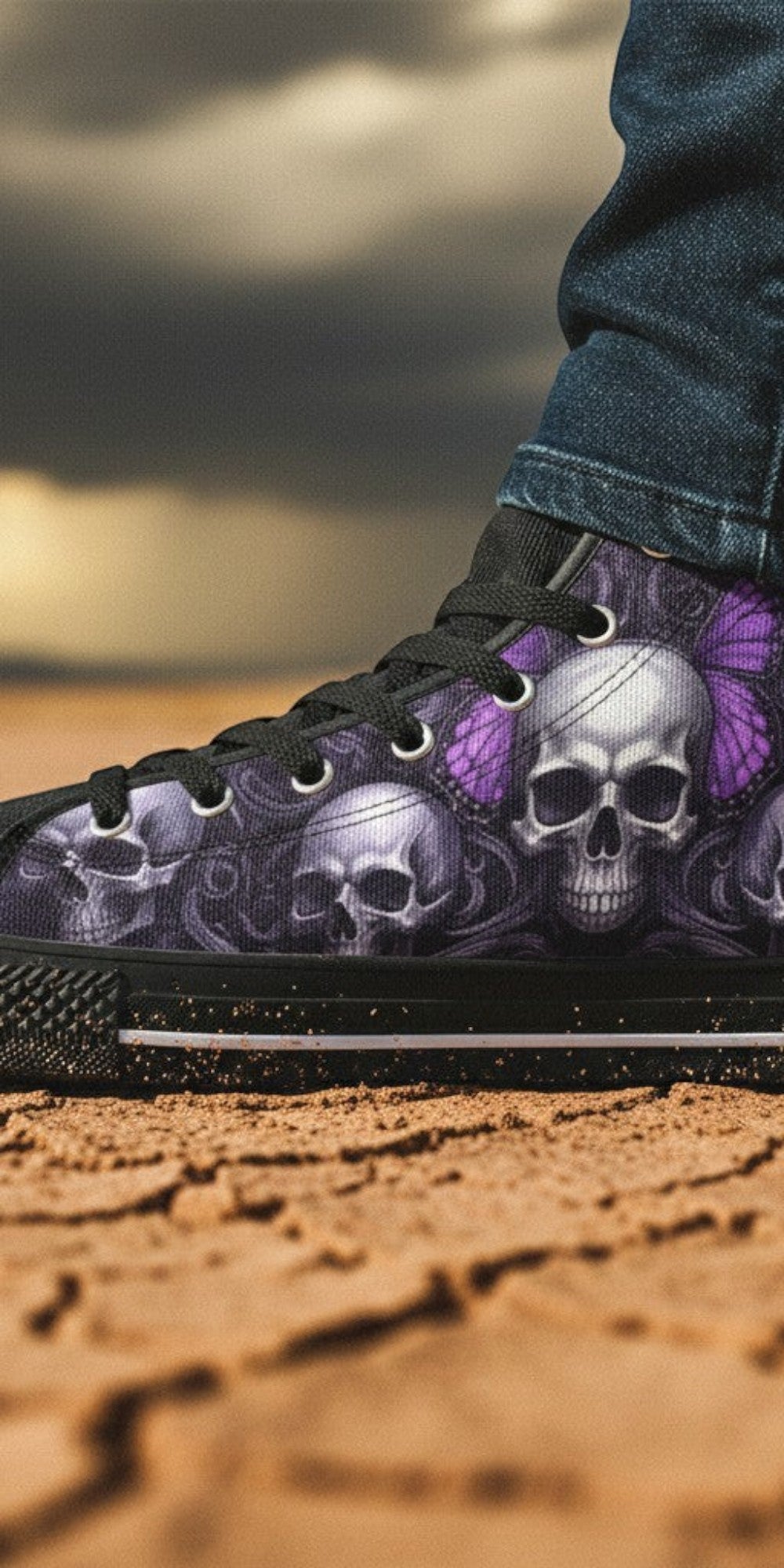 Freaky Shoes® women's high top canvas sneakers featuring a dark purple iridescent skull and butterfly art print.