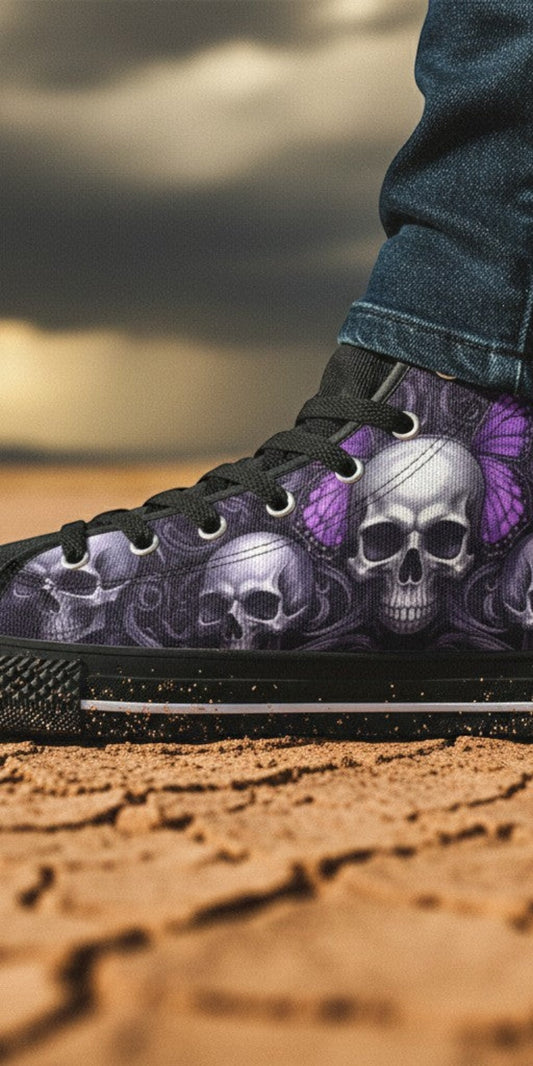 Freaky Shoes® women's high top canvas sneakers featuring a dark purple iridescent skull and butterfly art print.
