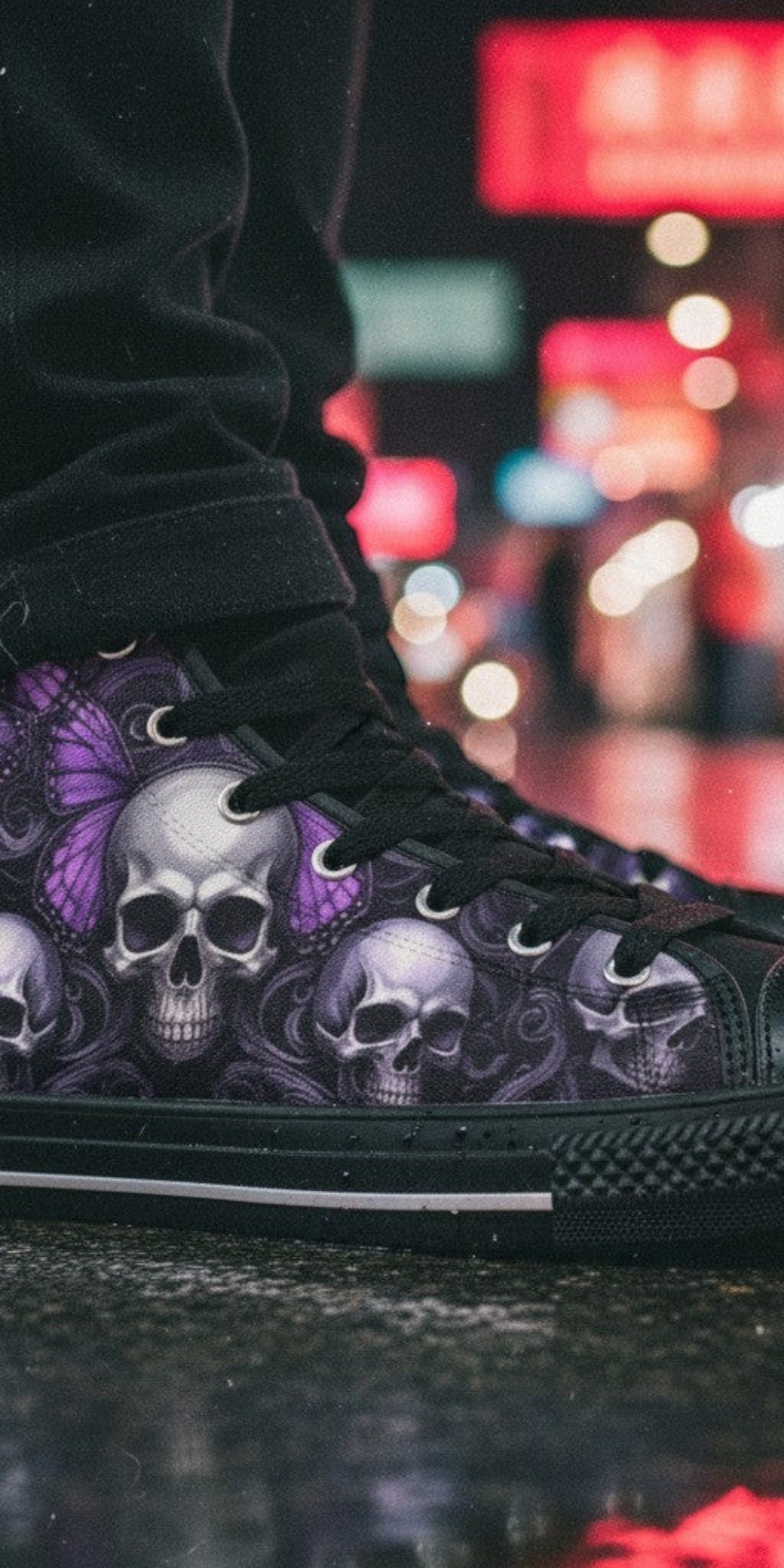 Freaky Shoes® women's high top canvas sneakers featuring a purple iridescent skull and butterfly dark art print.