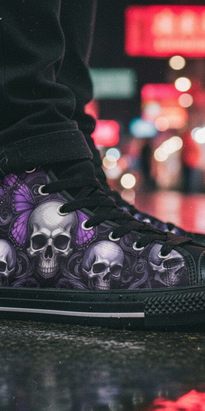 Freaky Shoes® women's high top canvas sneakers featuring a purple iridescent skull and butterfly dark art print.