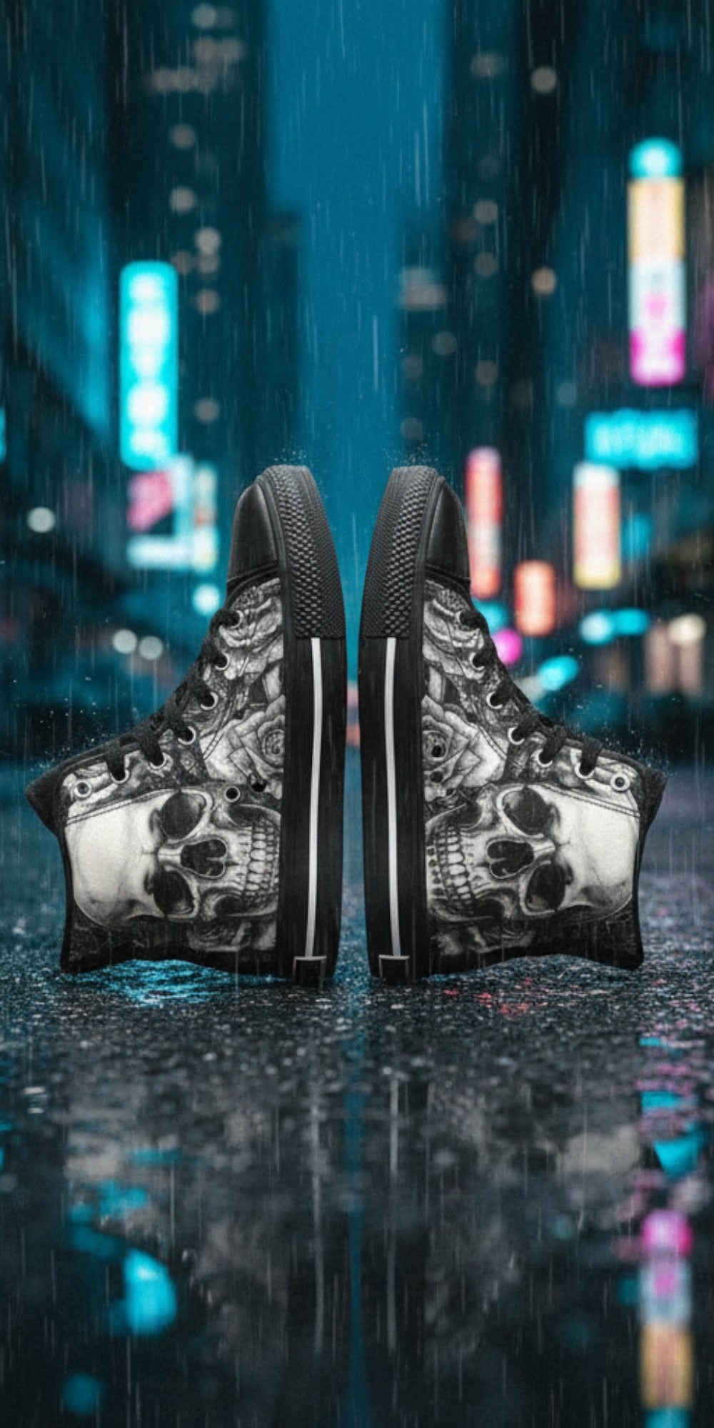 Women's Dark Skull Goth Art high-top canvas shoes, custom full-wrap printed design — Freaky Shoes