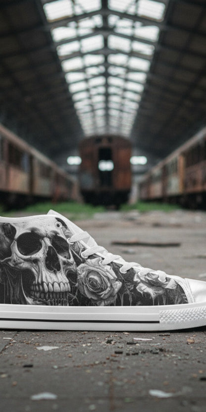 Men's Greyscale Skull Art Dark Gothic high-top canvas shoes, custom full-wrap printed design — Freaky Shoes
